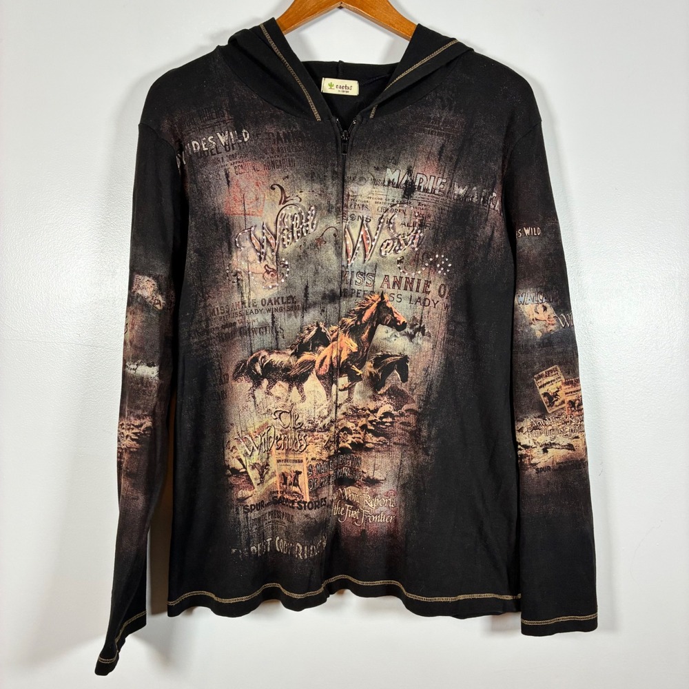Cactus Fashion Zip Hoodie XL Wild West Horse Graphic Rhinestone Western Cowgirl